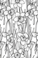 Poster - Beautifully detailed daffodils illustrated in black and white, presented in a seamless floral pattern that captures the elegance and natural beauty of these flowers.