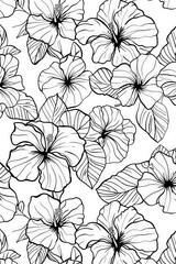 Poster - A stunning black and white line art design featuring hibiscus flowers and leaves, emphasizing the beauty and intricate details of each petal and leaf.
