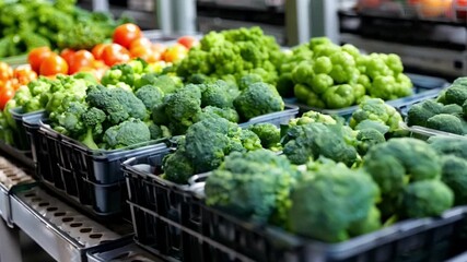 Sticker - A variety of vegetables including broccoli and green apples are displayed in a market