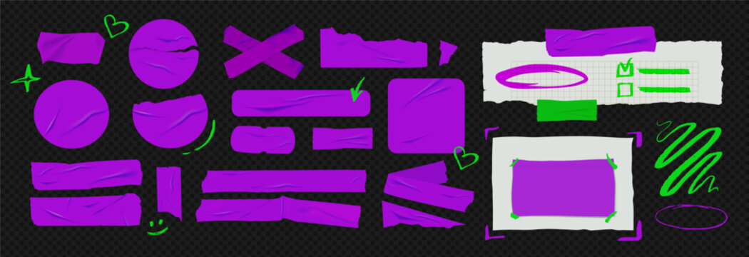 Template a tape with wrinkles. Set of purple scotch for collage. Square and round stickers with glued texture. Vector realistic mockup set. Torn paper and plastic labels with green arrows.