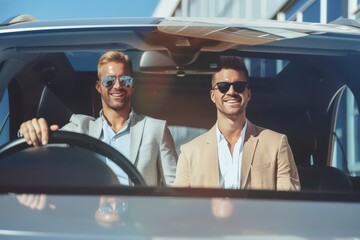 Poster - Two happy businessmen going on business travel by car