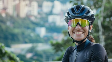 Reflective glasses-wearing cyclist navigating a bustling city road