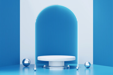Poster - 3D rendering blue platform podium pedestal for product presentation background	
