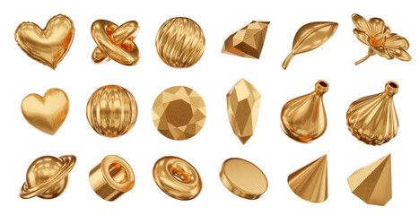 Fototapete - Gold Object geometry shape set isolated background 3d rendering	
