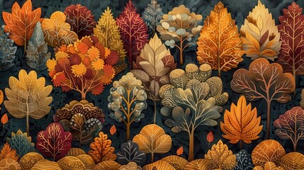 Aufkleber - Autumnal Forest with Stylized Trees and Leaves