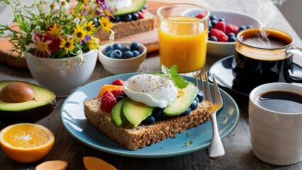 Wall Mural - A table with a plate of food and drinks on it, AI