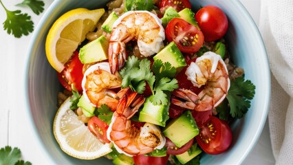 Wall Mural - A bowl of a meal with shrimp, tomatoes and avocado, AI