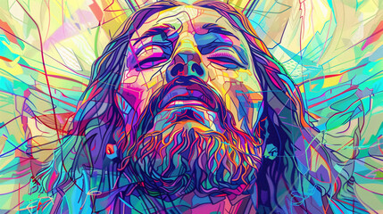 Abstract image of Jesus in a modern artistic style, capturing the detailed lines and colors