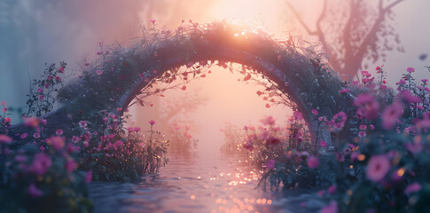 Poster - Floral Archway with River at Sunset - 3D Illustration