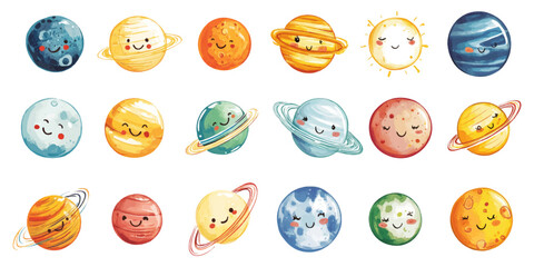 Wall Mural - Set of cute childish planets drawn on a white background.