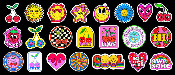 Poster - Set Of Cool Cute Smile Emoji Patches. Collection Of Y2k Pop Art Comic Stickers Vector Design. Groovy Retro Illustration.