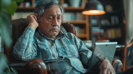 Wall Mural - Elderly man in checkered shirt with tablet in peaceful room surrounded by books. Comfortable retirement lifestyle includes technology for social connections and hobbies.