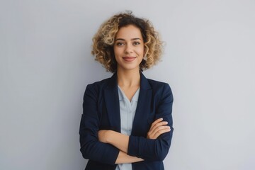 Sticker - Portrait of friendly young businesswoman Portrait of beautiful young woman wearing navy blue jacket, standing with arms crossed and smiling at camera. Studio shot of female entrepreneur against grey b