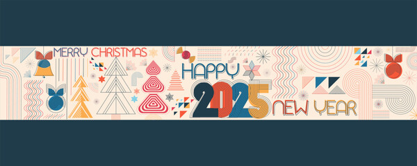 Wall Mural - 2025 number happy New Year Merry Christmas banner, web, invite posters template Layout, greeting card simple flat organic line, contemporary mid century design	