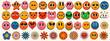 © t1m0n344 - Cool Trendy Set Of Funny Happy Cartoon Character Faces. Collection Of Groovy Smile Emoji, Retro Funky Comic Cute Stickers. Pop Art Graphic Design Elements.