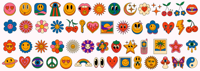 Aufkleber - Set Of Groovy Stickers Vector Design. Collection Of Acid Trippy Icons. Emoji Smile Happy Comic Characters. Funky Retro Pop Art Illustrations. Cool Cute Cartoon Patches.