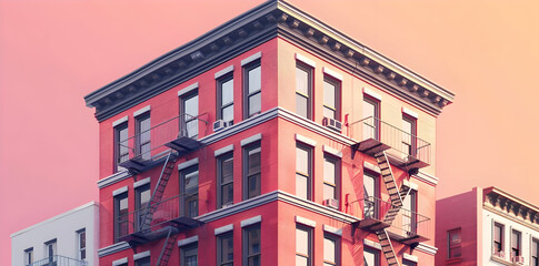 Canvas Print - Pink Brick Building with Fire Escape Illustration