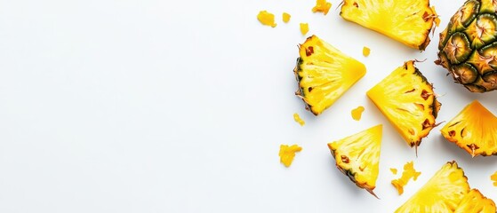 Wall Mural - Bursting modern Thai pineapple chunks with a juicy explosion scattering golden fragments against an empty white backdrop