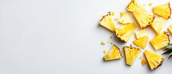 Wall Mural - Bursting modern Thai pineapple chunks with a juicy explosion scattering golden fragments against an empty white backdrop