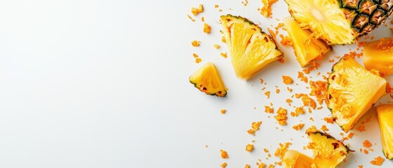 Wall Mural - Bursting modern Thai pineapple chunks with a juicy explosion scattering golden fragments against an empty white backdrop