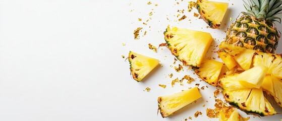 Wall Mural - Bursting modern Thai pineapple chunks with a juicy explosion scattering golden fragments against an empty white backdrop