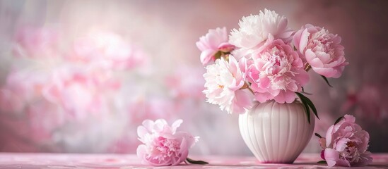 Wall Mural - Vase with lovely pink peonies set against a peonies background, providing ample copy space image.