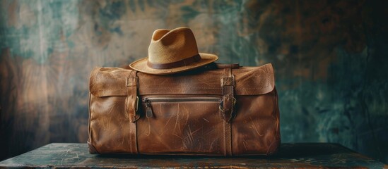 Luggage with a hat and a blank space for your message in the image. image with copy space