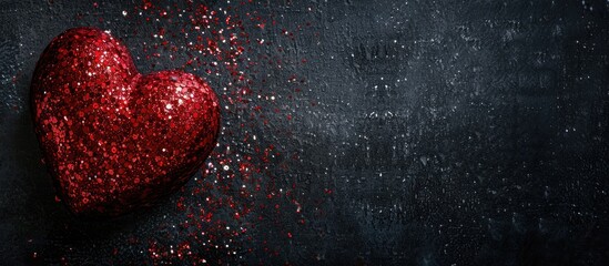 Poster - In the upper left corner of the black background, there is a red heart with glitter details, leaving space for text on the right side of the copy space image.
