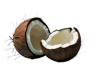 Cracked Coconut: Fresh Tropical Fruit Pieces with White Flesh Isolated on White for Food Styling