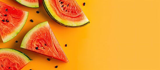 Wall Mural - Juicy watermelon slices displayed on a colorful backdrop with copy space image.