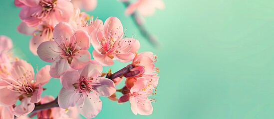 Wall Mural - Spring concept with a blooming almond branch adorned with pink flowers set against a vibrant green backdrop, ideal for copy space image.