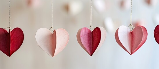 Wall Mural - Heart-shaped paper decorations hanging in a row creating a Valentine's Day gift, with a heart symbolizing love within copy space image.