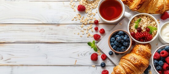 Wall Mural - Top view of a nutritious breakfast spread including oat flakes, berries, and croissants on a white wooden table with copy space image.