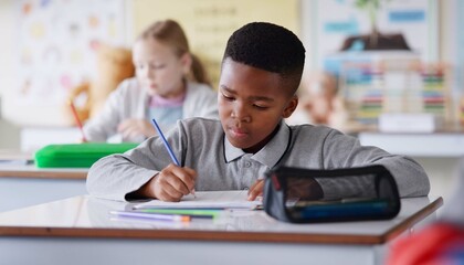 Poster - African boy, writing and test in classroom for learning, knowledge and info for assessment at youth academy. Child, paper and education with scholarship, studying and exam for development at school