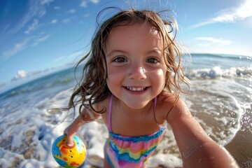 Wall Mural - A smiling young girl with wavy hair holds a colorful ball while standing at the edge of the water on the beach, enjoying a sunny day by the ocean.