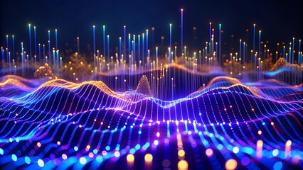 Poster - Abstract Digital Landscape with Glowing Lines and Dots on Dark Blue Background - Signifying Data Concept