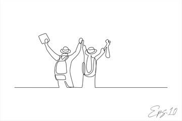 Wall Mural - continuous line of two businessmen celebrating success by raising their hands