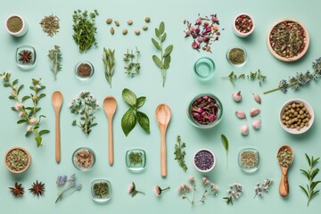 Poster - A variety of herbs and spices, including basil, thyme, and rosemary, are arranged with wooden spoons and bowls on a turquoise background, showcasing culinary diversity.
