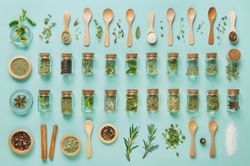 Poster - Neatly organized glass jars filled with various herbs and spices, accompanied by wooden spoons and bowls, are displayed on a turquoise background, emphasizing culinary aesthetic.