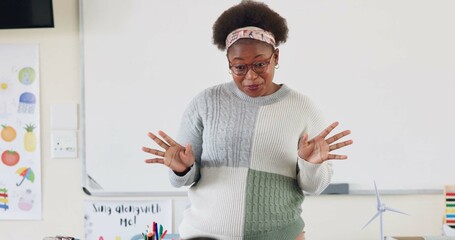 Poster - Teacher, black woman and happy in classroom for learning, education and development of pupils. Female person, smile and language, storytelling lesson for creativity, knowledge or kids in kindergarten