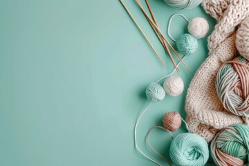Aufkleber - An arrangement of colorful yarn balls and knitting needles placed on a green background, depicting a cozy and creative knitting scene with soft textures and harmonious colors.