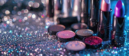 Makeup products like lipstick and eye shadows arranged on a glittery silver table with an empty space for a picture. image with copy space