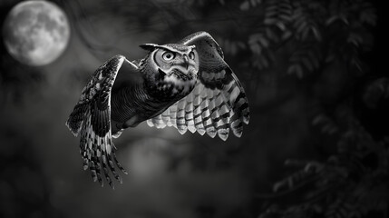 owl flying in the night, in the forest , big moon, scary, black background
