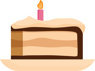 Poster - Single slice of birthday cake with burning candle on a plate
