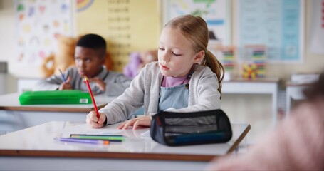 Poster - Girl, child and writing notes in classroom for learning, knowledge and info for assessment. Kid, notebook and education with scholarship, studying and attention at lesson for development at school