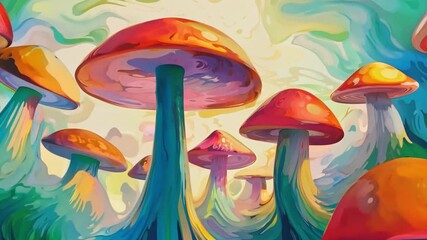 Poster - This lush forest teeming with bright, colorful mushrooms glowing under sunlight.
