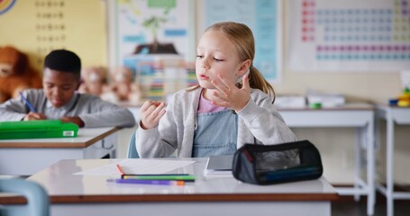 Aufkleber - Girl, counting and fingers in classroom for math test, solution or assessment for development at academy. Child, learning and quiz for education, thinking or problem solving for scholarship at school