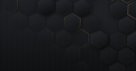 Wall Mural - 4k abstract luxury black grey gradient backgrounds with golden metallic striped grid. geometric hexa