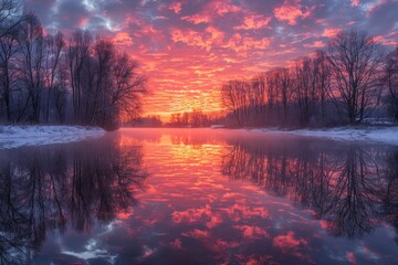 Wall Mural - A River Reflecting a Fiery Sunset Over Bare Trees in a Winter Landscape