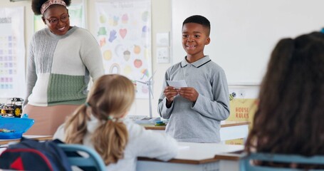 Aufkleber - Class, happy kid and reading presentation for education, learning or knowledge in elementary school. Boy child, students and speech with teacher for robotics assignment project with paper in lesson
